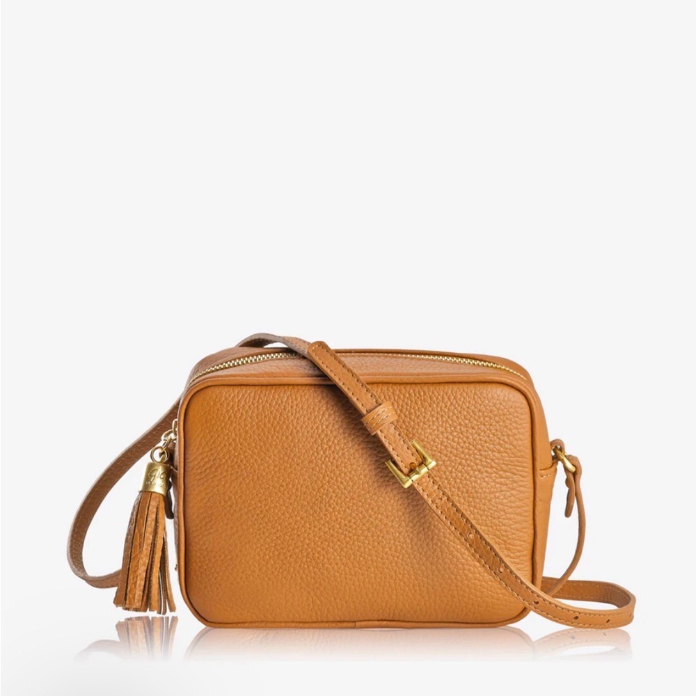Gigi New York Madison Crossbody in Tan Pebbled Grain Leather Tassel Retail $295